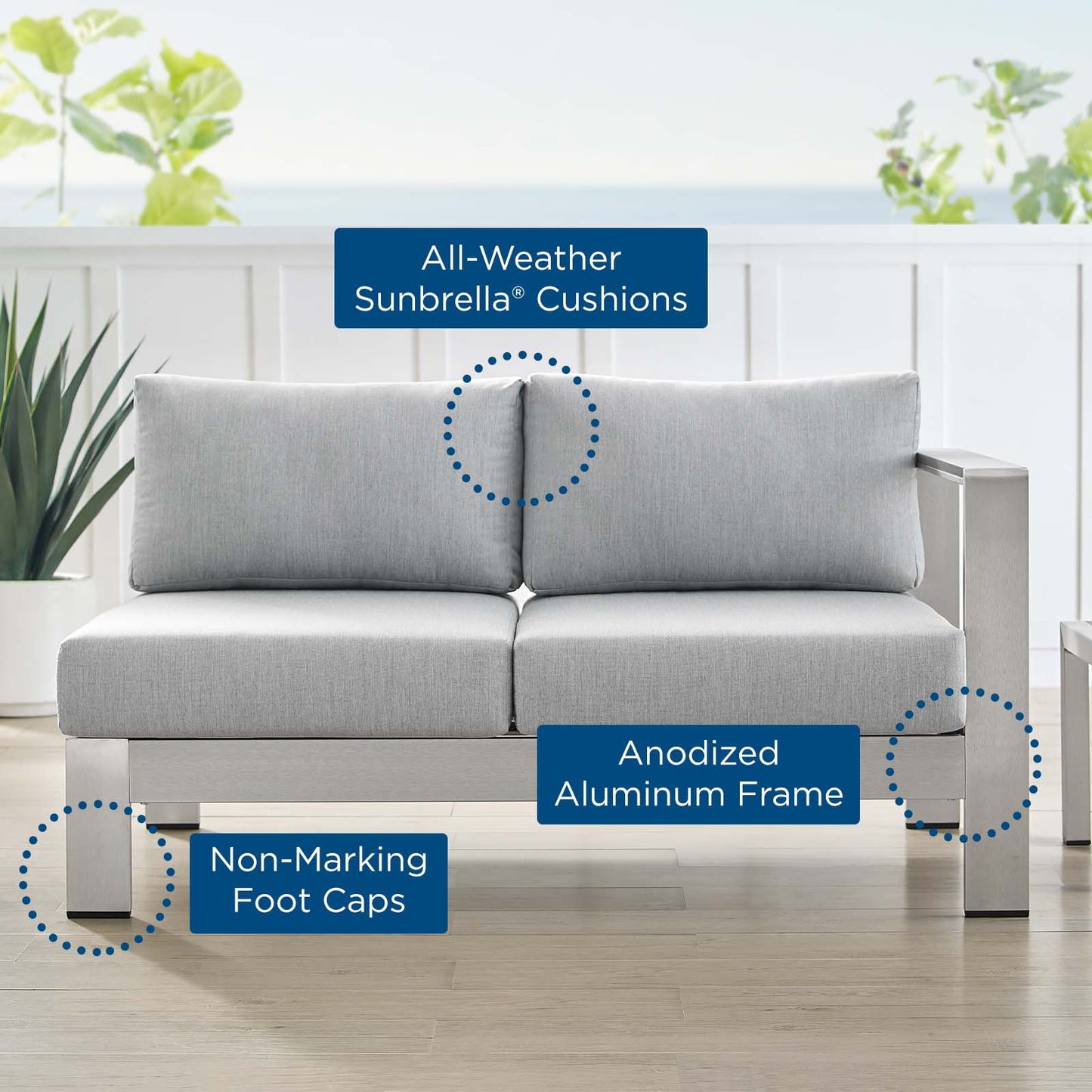 Shore Sunbrella® Fabric Aluminum Outdoor Patio Right-Arm Loveseat, Fabric, Aluminum, Metal, Steel, Silver Grey Gray, 19550