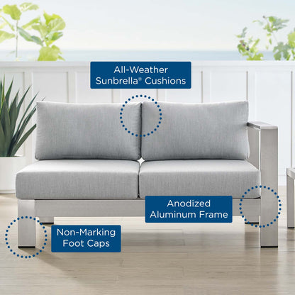 Shore Sunbrella® Fabric Aluminum Outdoor Patio Right-Arm Loveseat, Fabric, Aluminum, Metal, Steel, Silver Grey Gray, 19550