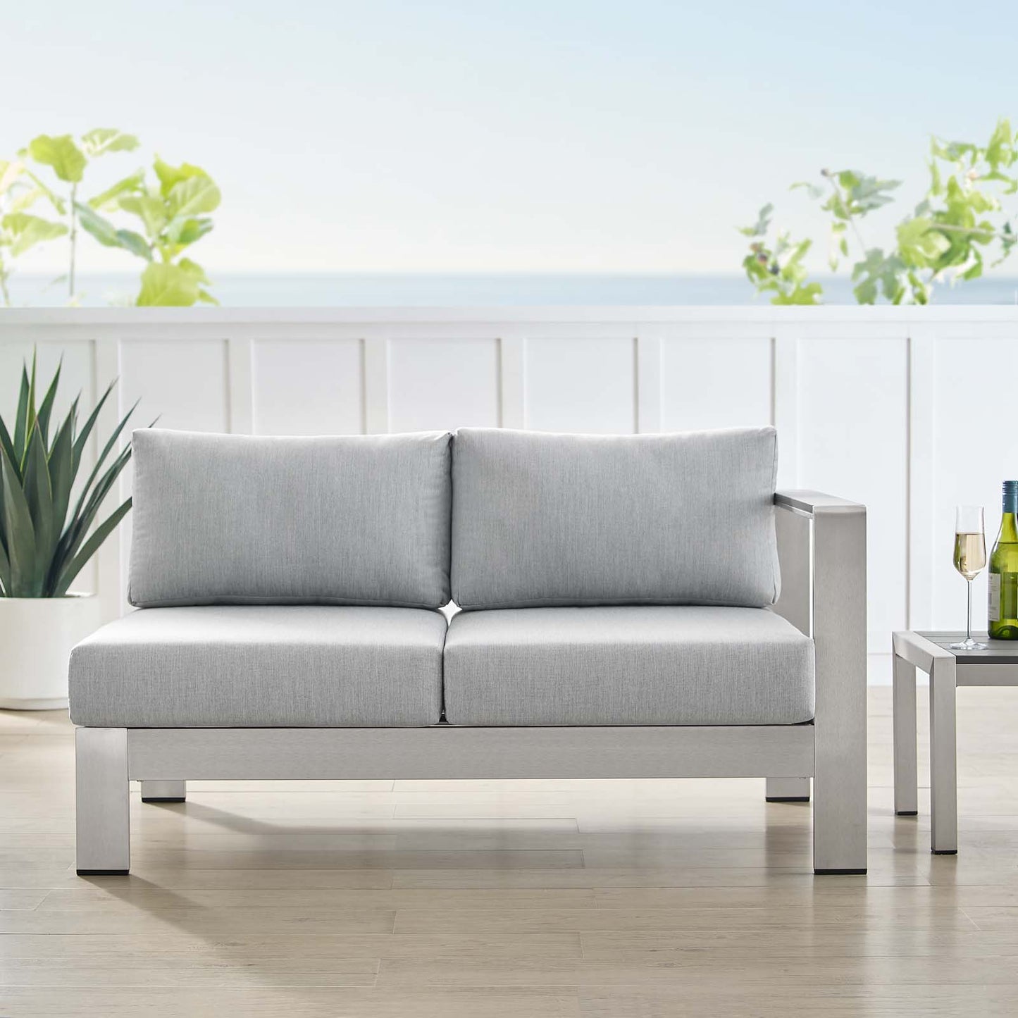 Shore Sunbrella® Fabric Aluminum Outdoor Patio Right-Arm Loveseat, Fabric, Aluminum, Metal, Steel, Silver Grey Gray, 19550