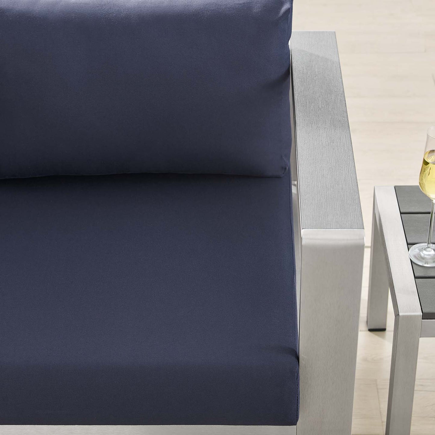 Shore Sunbrella® Fabric Aluminum Outdoor Patio Right-Arm Loveseat, Fabric, Aluminum, Metal, Steel, Silver Blue Navy, 19551