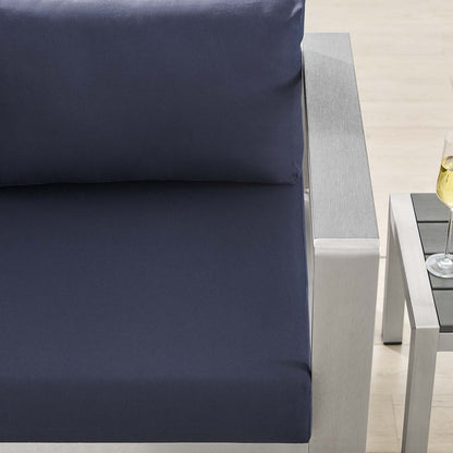 Shore Sunbrella® Fabric Aluminum Outdoor Patio Right-Arm Loveseat, Fabric, Aluminum, Metal, Steel, Silver Blue Navy, 19551