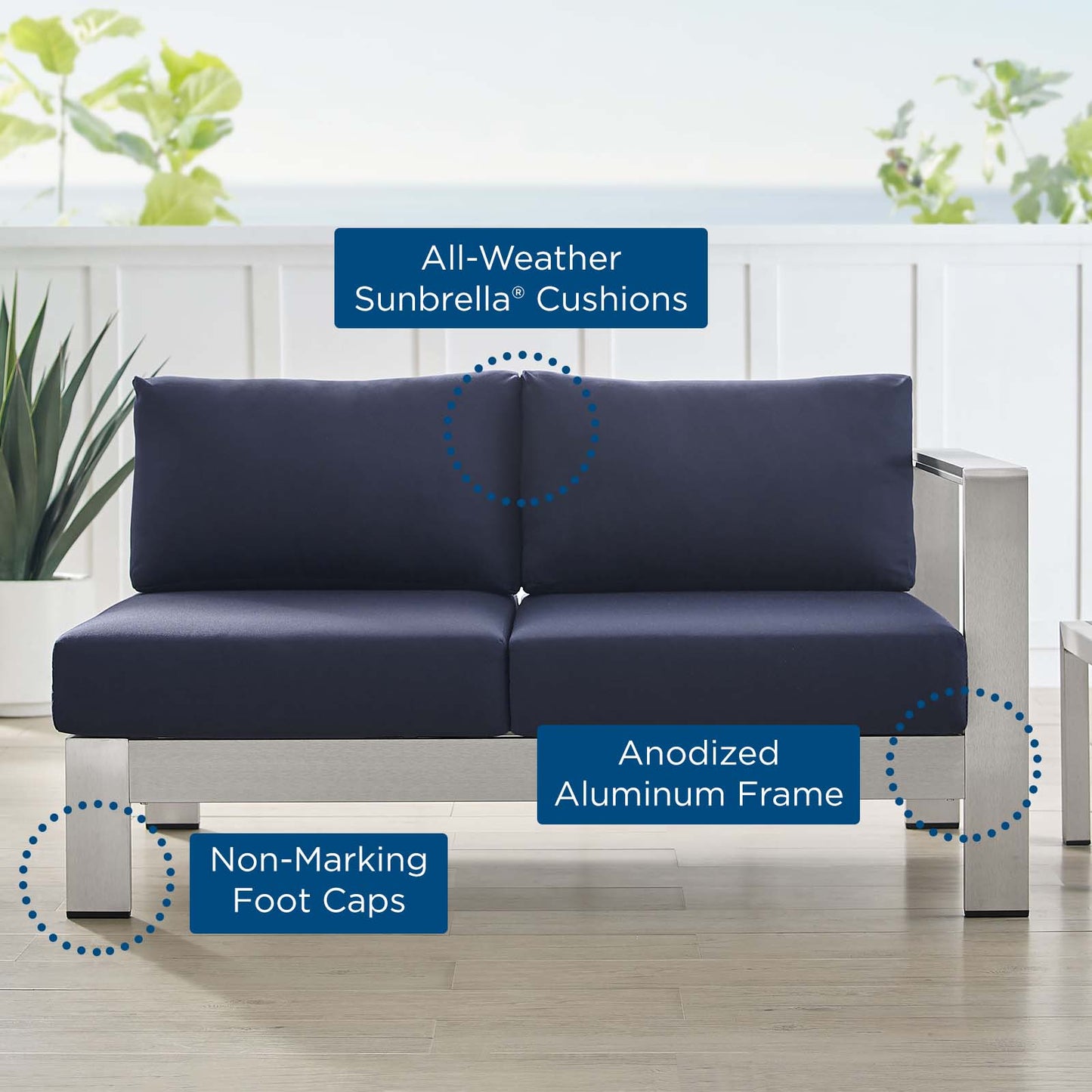 Shore Sunbrella® Fabric Aluminum Outdoor Patio Right-Arm Loveseat, Fabric, Aluminum, Metal, Steel, Silver Blue Navy, 19551