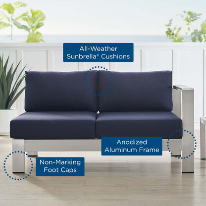 Shore Sunbrella® Fabric Aluminum Outdoor Patio Right-Arm Loveseat, Fabric, Aluminum, Metal, Steel, Silver Blue Navy, 19551