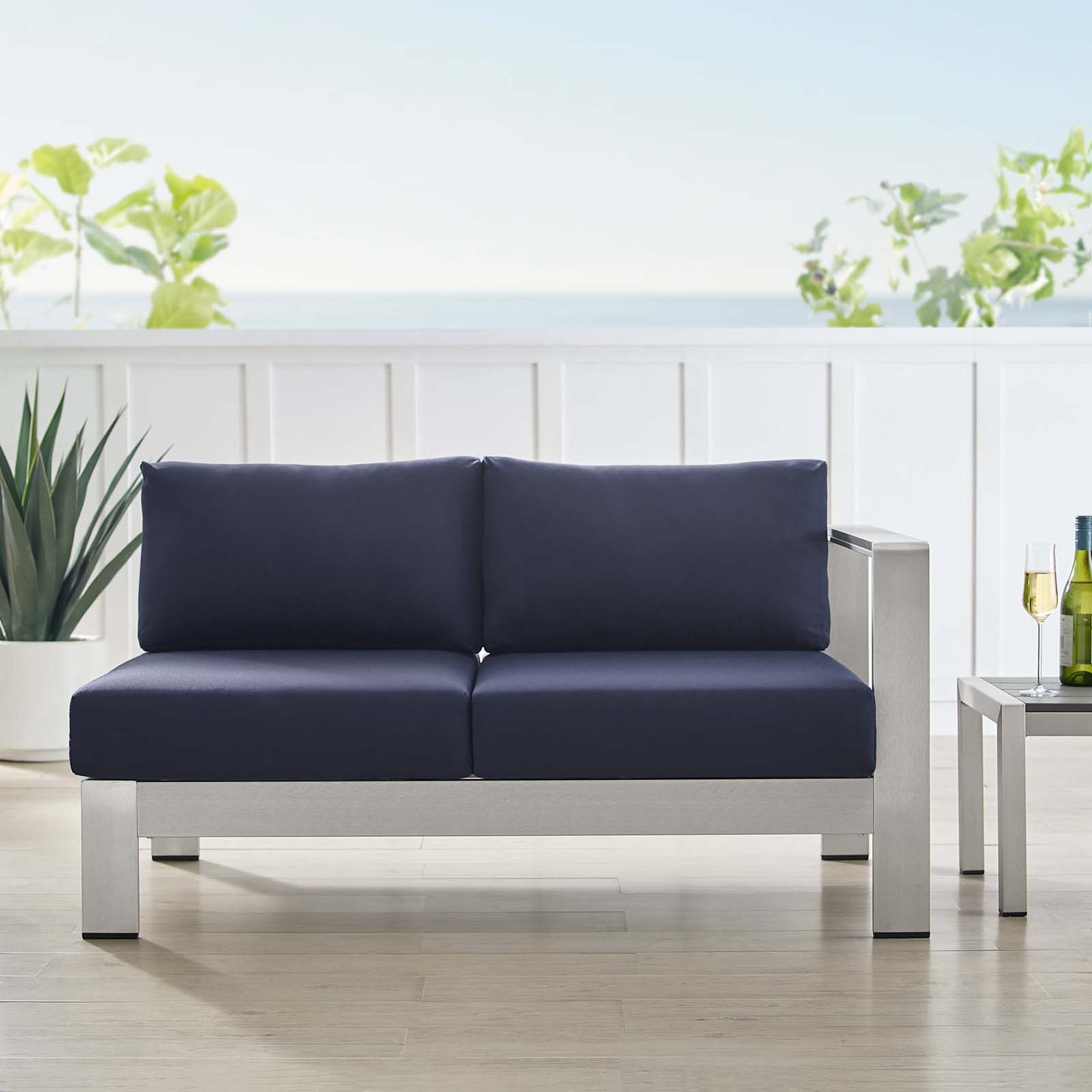 Shore Sunbrella® Fabric Aluminum Outdoor Patio Right-Arm Loveseat, Fabric, Aluminum, Metal, Steel, Silver Blue Navy, 19551