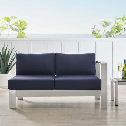 Shore Sunbrella® Fabric Aluminum Outdoor Patio Right-Arm Loveseat, Fabric, Aluminum, Metal, Steel, Silver Blue Navy, 19551