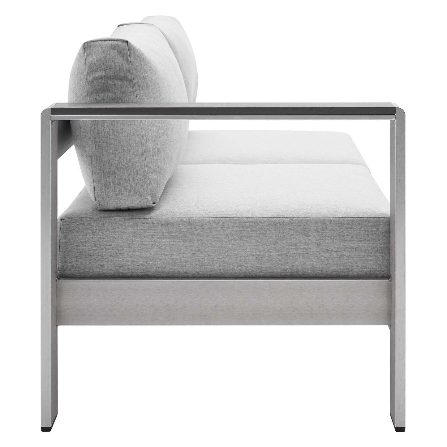 Shore Sunbrella® Fabric Aluminum Outdoor Patio Left-Arm Loveseat, Fabric, Aluminum, Metal, Steel, Silver Grey Gray, 19552