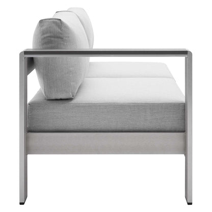 Shore Sunbrella® Fabric Aluminum Outdoor Patio Left-Arm Loveseat, Fabric, Aluminum, Metal, Steel, Silver Grey Gray, 19552