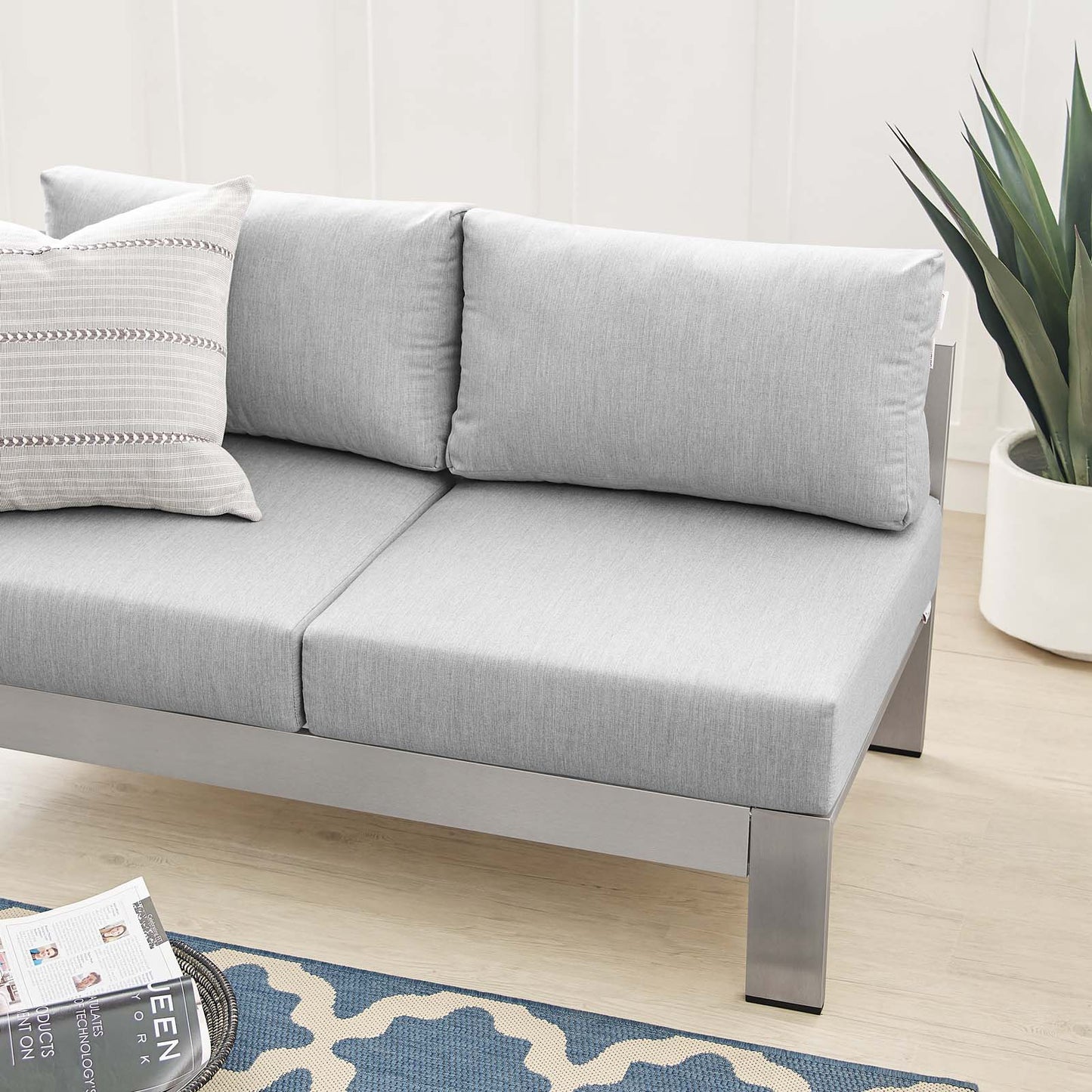 Shore Sunbrella® Fabric Aluminum Outdoor Patio Left-Arm Loveseat, Fabric, Aluminum, Metal, Steel, Silver Grey Gray, 19552