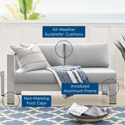 Shore Sunbrella® Fabric Aluminum Outdoor Patio Left-Arm Loveseat, Fabric, Aluminum, Metal, Steel, Silver Grey Gray, 19552