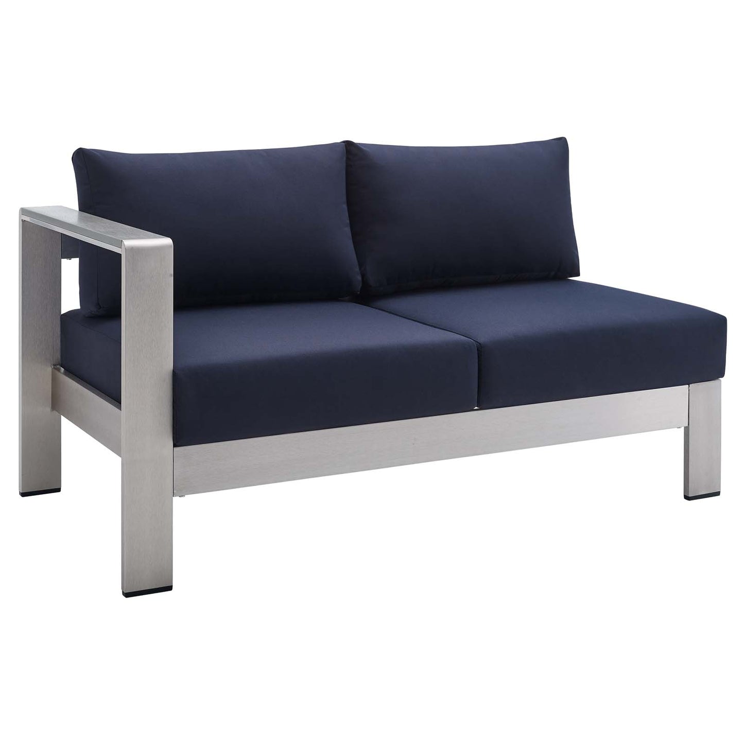 Shore Sunbrella® Fabric Aluminum Outdoor Patio Left-Arm Loveseat, Fabric, Aluminum, Metal, Steel, Silver Blue Navy, 19553