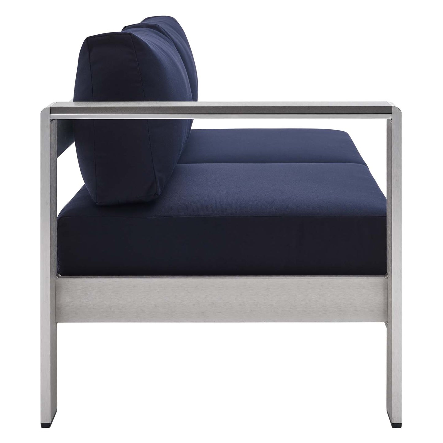 Shore Sunbrella® Fabric Aluminum Outdoor Patio Left-Arm Loveseat, Fabric, Aluminum, Metal, Steel, Silver Blue Navy, 19553