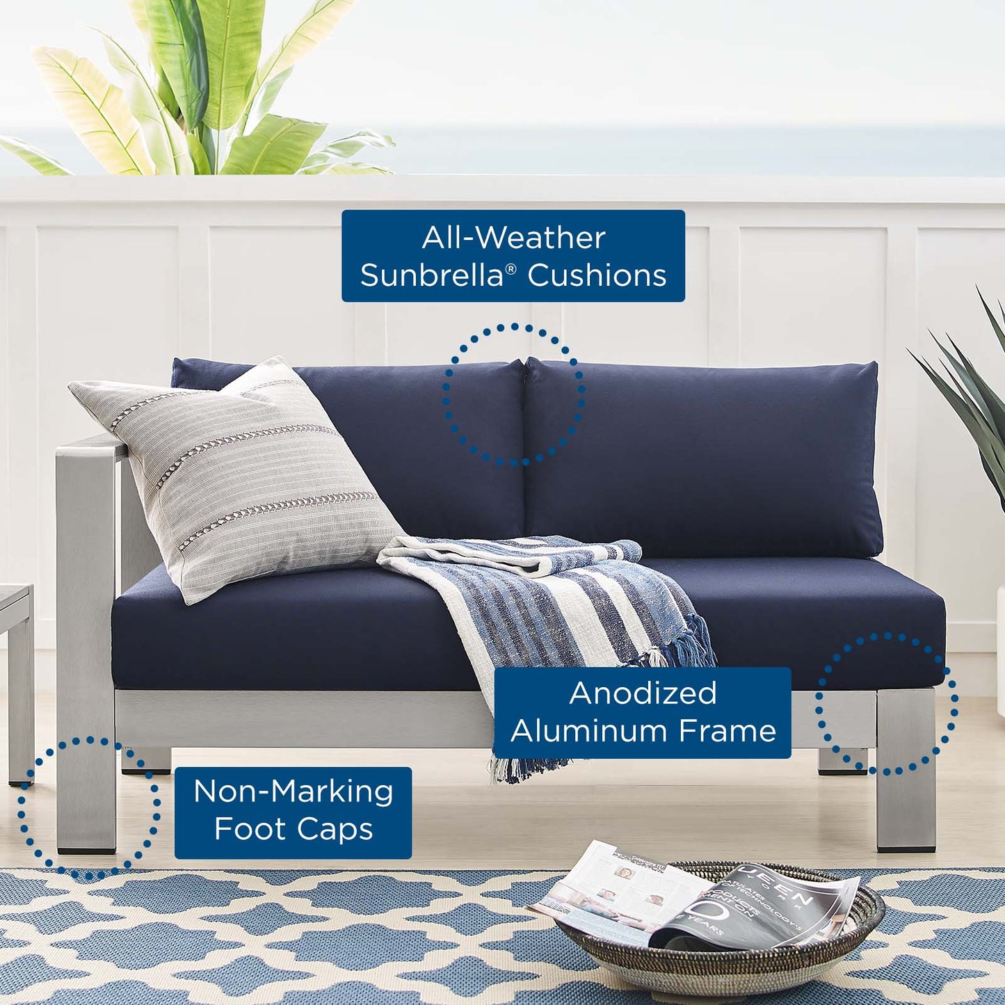 Shore Sunbrella® Fabric Aluminum Outdoor Patio Left-Arm Loveseat, Fabric, Aluminum, Metal, Steel, Silver Blue Navy, 19553