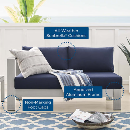 Shore Sunbrella® Fabric Aluminum Outdoor Patio Left-Arm Loveseat, Fabric, Aluminum, Metal, Steel, Silver Blue Navy, 19553