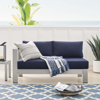 Shore Sunbrella® Fabric Aluminum Outdoor Patio Left-Arm Loveseat, Fabric, Aluminum, Metal, Steel, Silver Blue Navy, 19553