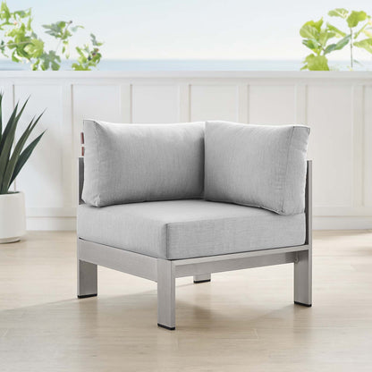 Shore Sunbrella® Fabric Aluminum Outdoor Patio Corner Sofa, Fabric, Aluminum, Metal, Steel, Silver Grey Gray, 19554