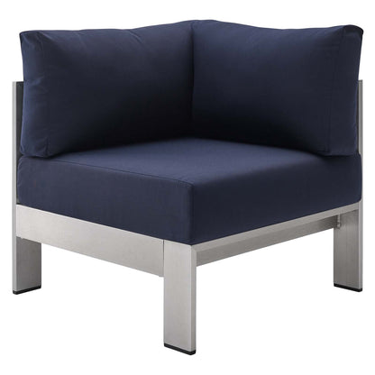 Shore Sunbrella® Fabric Aluminum Outdoor Patio Corner Sofa, Fabric, Aluminum, Metal, Steel, Silver Blue Navy, 19555