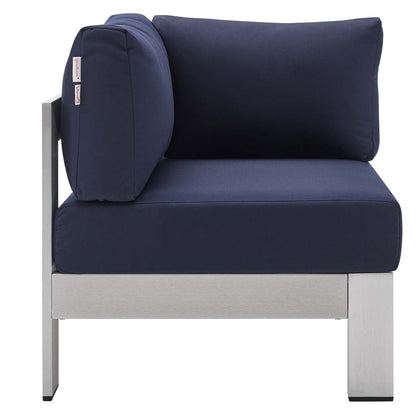 Shore Sunbrella® Fabric Aluminum Outdoor Patio Corner Sofa, Fabric, Aluminum, Metal, Steel, Silver Blue Navy, 19555