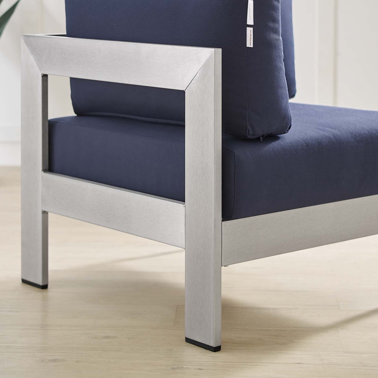 Shore Sunbrella® Fabric Aluminum Outdoor Patio Corner Sofa, Fabric, Aluminum, Metal, Steel, Silver Blue Navy, 19555