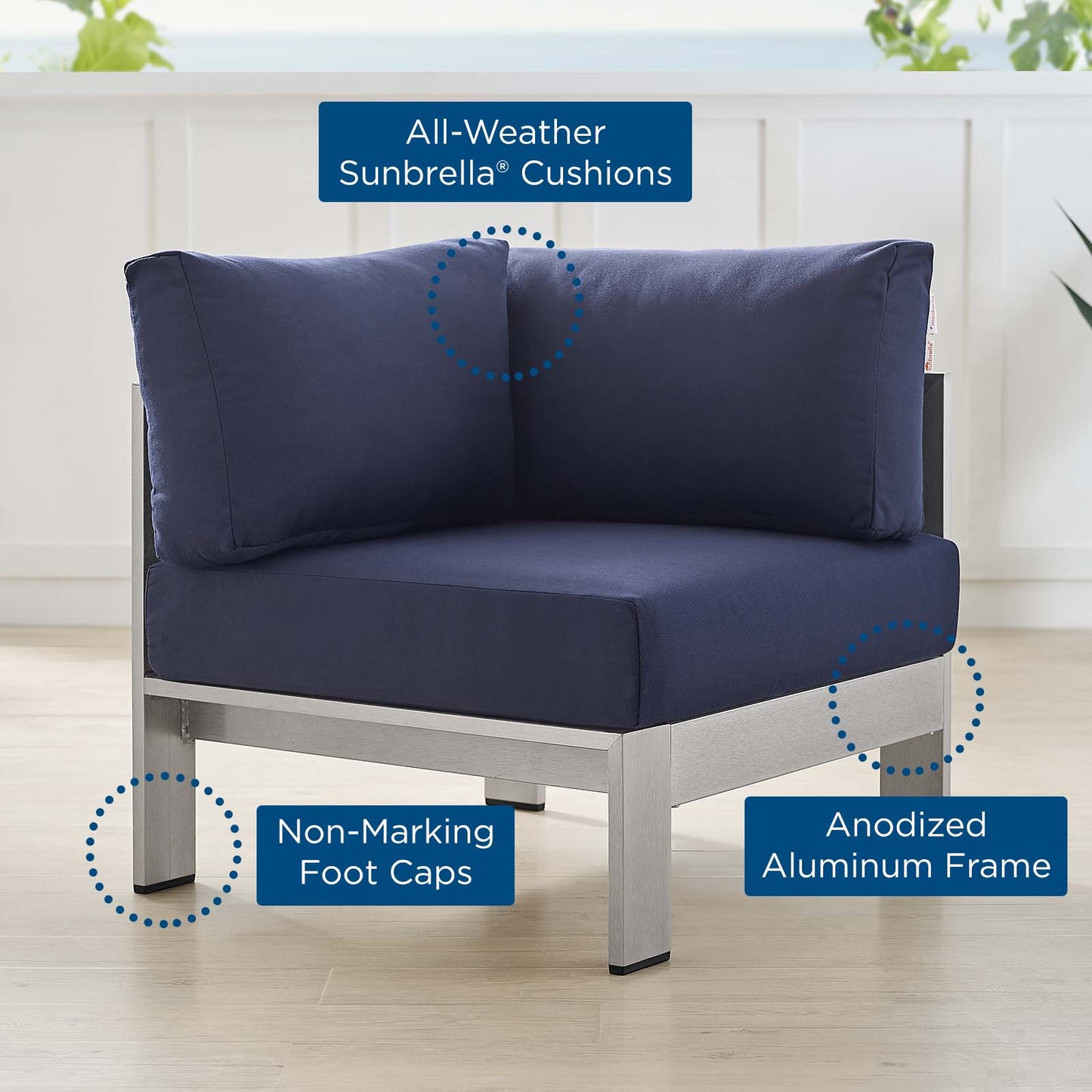 Shore Sunbrella® Fabric Aluminum Outdoor Patio Corner Sofa, Fabric, Aluminum, Metal, Steel, Silver Blue Navy, 19555