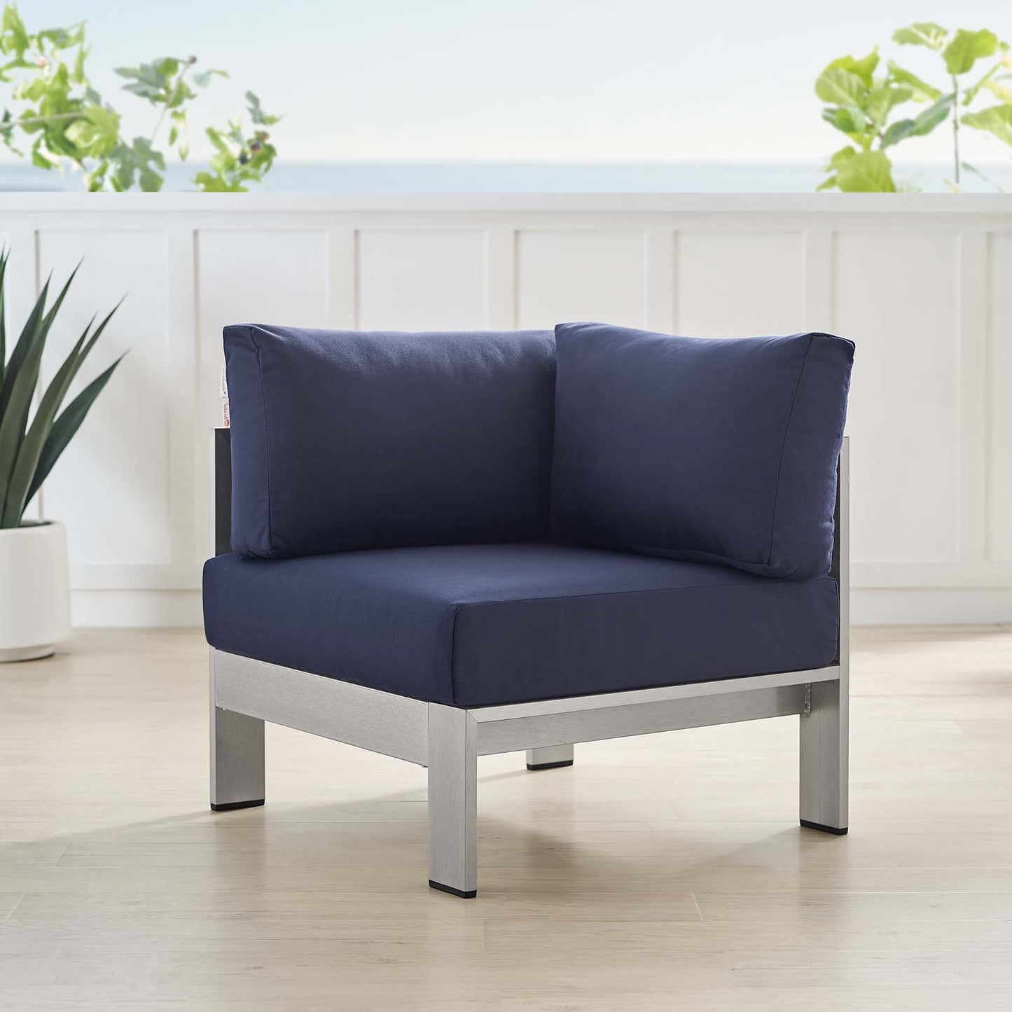 Shore Sunbrella® Fabric Aluminum Outdoor Patio Corner Sofa, Fabric, Aluminum, Metal, Steel, Silver Blue Navy, 19555