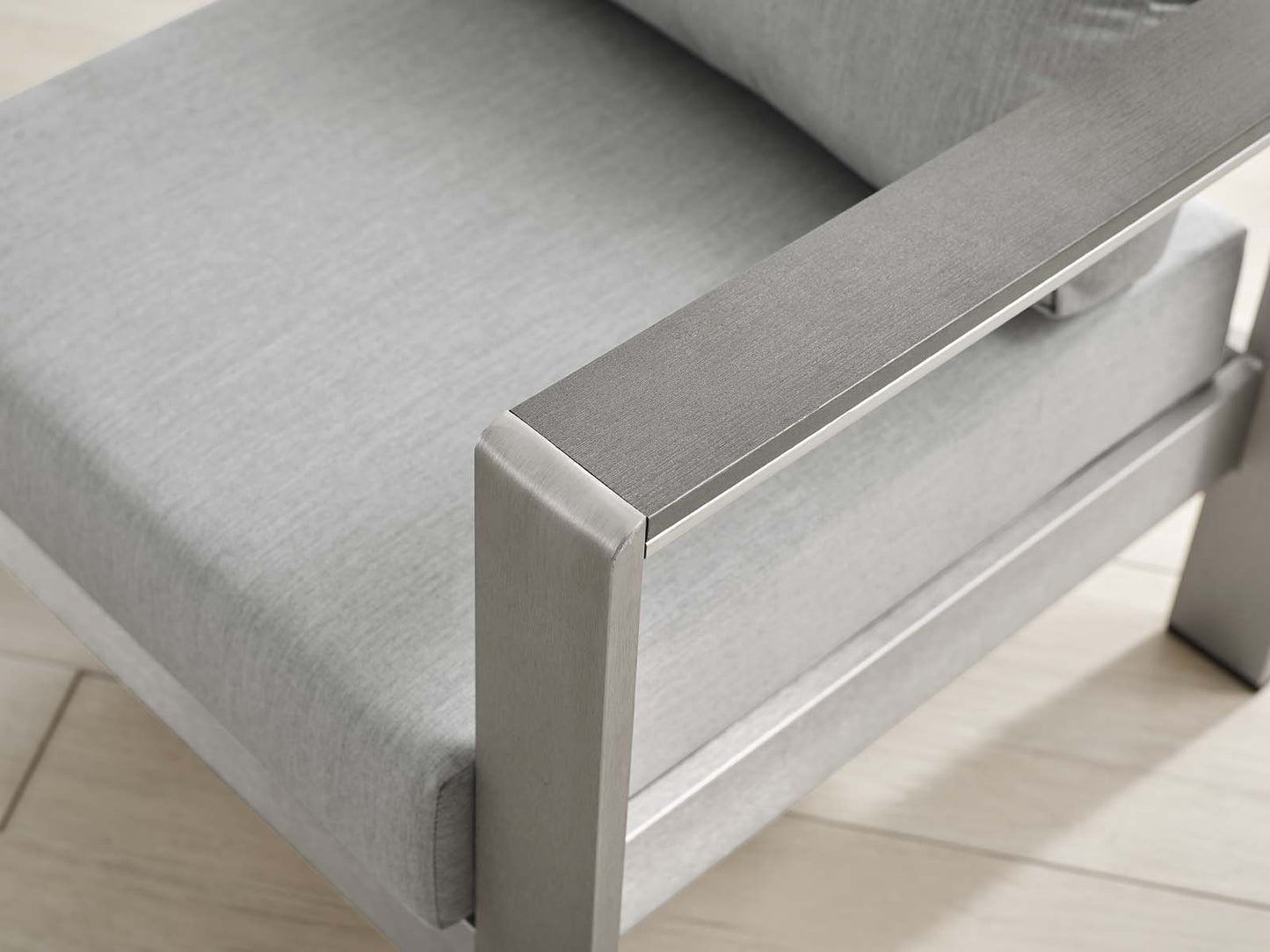 Shore Sunbrella® Fabric Aluminum Outdoor Patio Armchair, Fabric, Aluminum, Metal, Steel, Silver Grey Gray, 19556