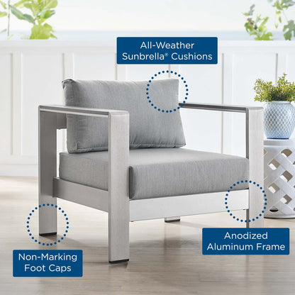 Shore Sunbrella® Fabric Aluminum Outdoor Patio Armchair, Fabric, Aluminum, Metal, Steel, Silver Grey Gray, 19556
