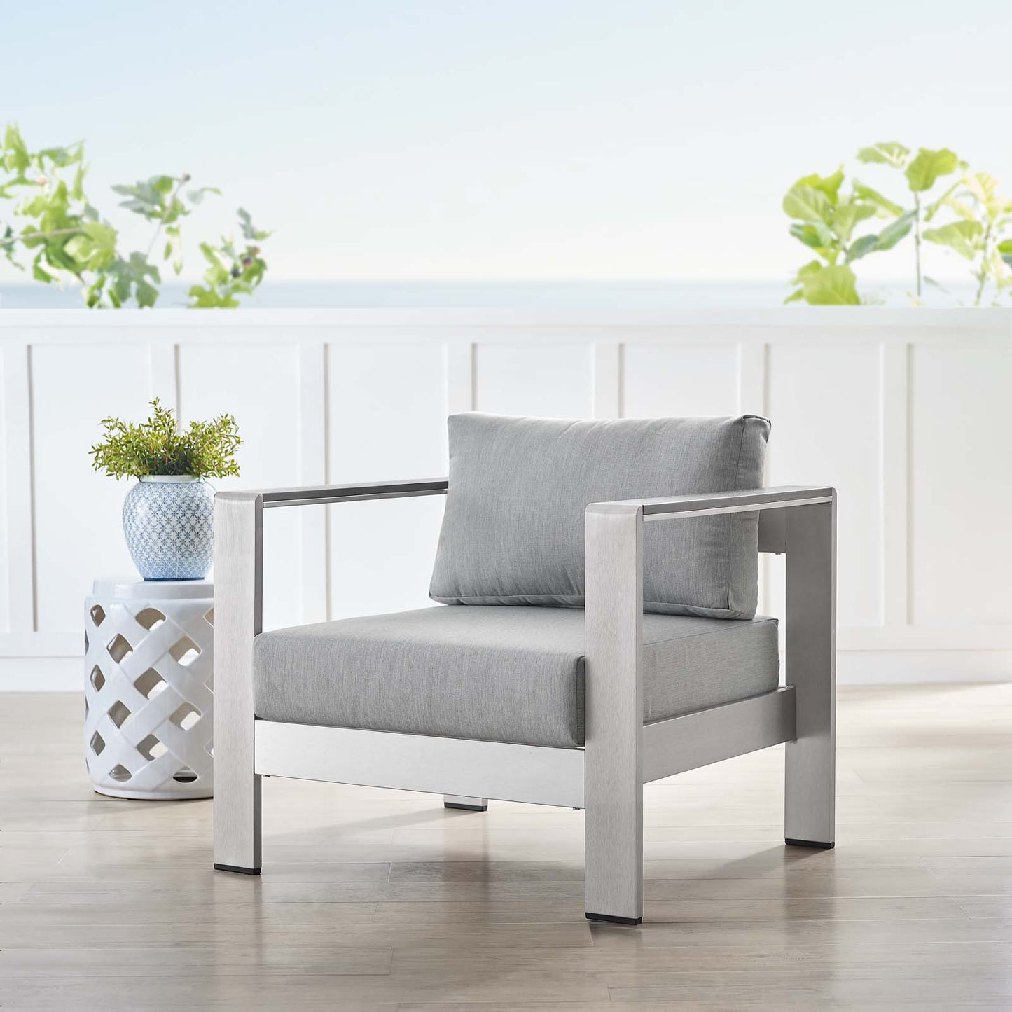 Shore Sunbrella® Fabric Aluminum Outdoor Patio Armchair, Fabric, Aluminum, Metal, Steel, Silver Grey Gray, 19556