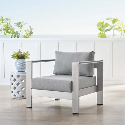 Shore Sunbrella® Fabric Aluminum Outdoor Patio Armchair, Fabric, Aluminum, Metal, Steel, Silver Grey Gray, 19556