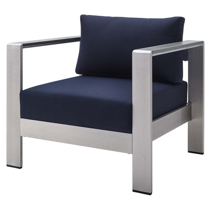 Shore Sunbrella® Fabric Aluminum Outdoor Patio Armchair, Fabric, Aluminum, Metal, Steel, Silver Blue Navy, 19557