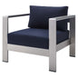 Shore Sunbrella® Fabric Aluminum Outdoor Patio Armchair, Fabric, Aluminum, Metal, Steel, Silver Blue Navy, 19557