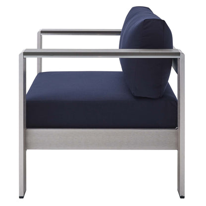 Shore Sunbrella® Fabric Aluminum Outdoor Patio Armchair, Fabric, Aluminum, Metal, Steel, Silver Blue Navy, 19557