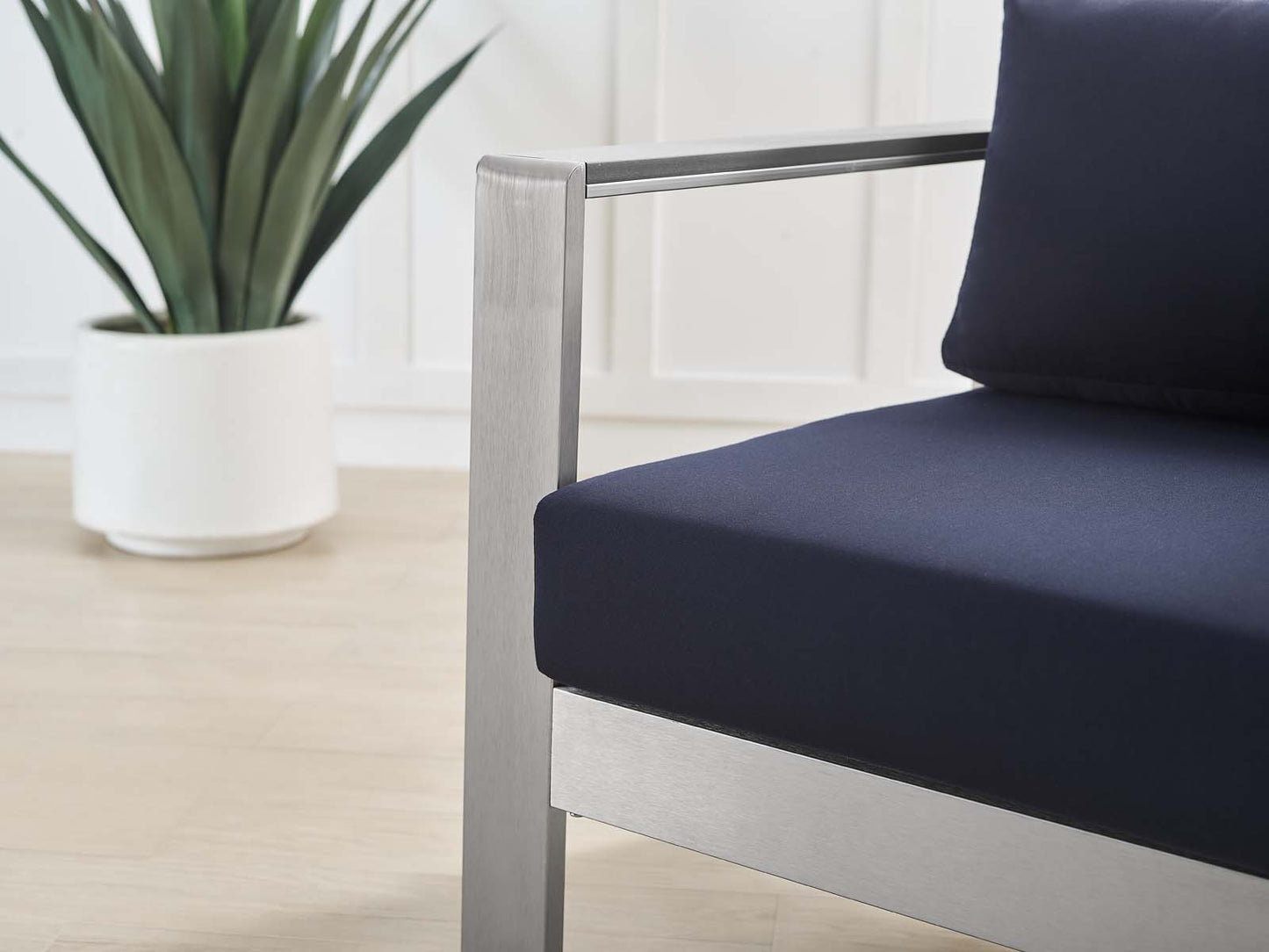 Shore Sunbrella® Fabric Aluminum Outdoor Patio Armchair, Fabric, Aluminum, Metal, Steel, Silver Blue Navy, 19557