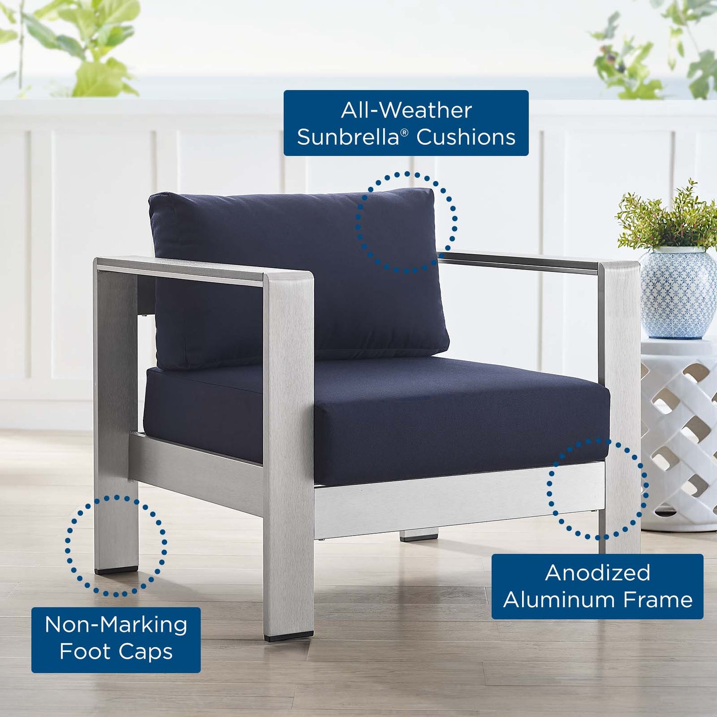 Shore Sunbrella® Fabric Aluminum Outdoor Patio Armchair, Fabric, Aluminum, Metal, Steel, Silver Blue Navy, 19557