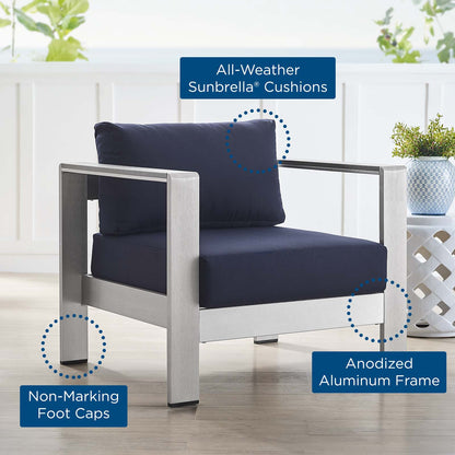 Shore Sunbrella® Fabric Aluminum Outdoor Patio Armchair, Fabric, Aluminum, Metal, Steel, Silver Blue Navy, 19557