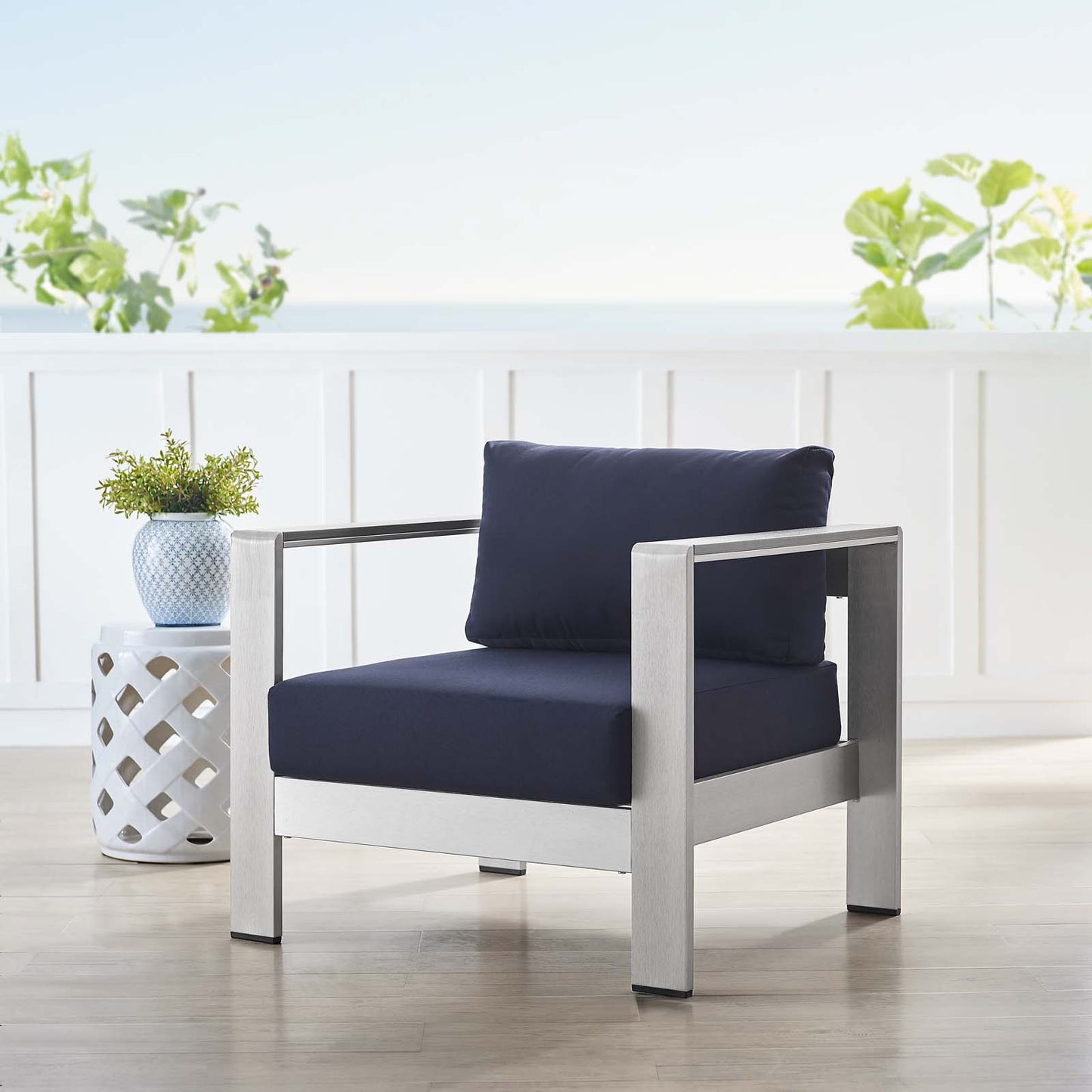 Shore Sunbrella® Fabric Aluminum Outdoor Patio Armchair, Fabric, Aluminum, Metal, Steel, Silver Blue Navy, 19557