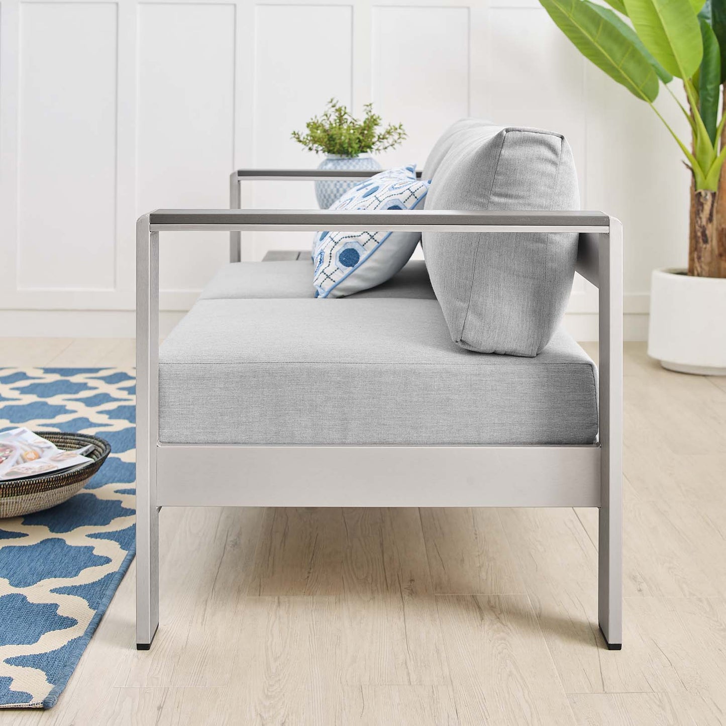 Shore Sunbrella® Fabric Aluminum Outdoor Patio Loveseat, Fabric, Aluminum, Metal, Steel, Silver Grey Gray, 19558