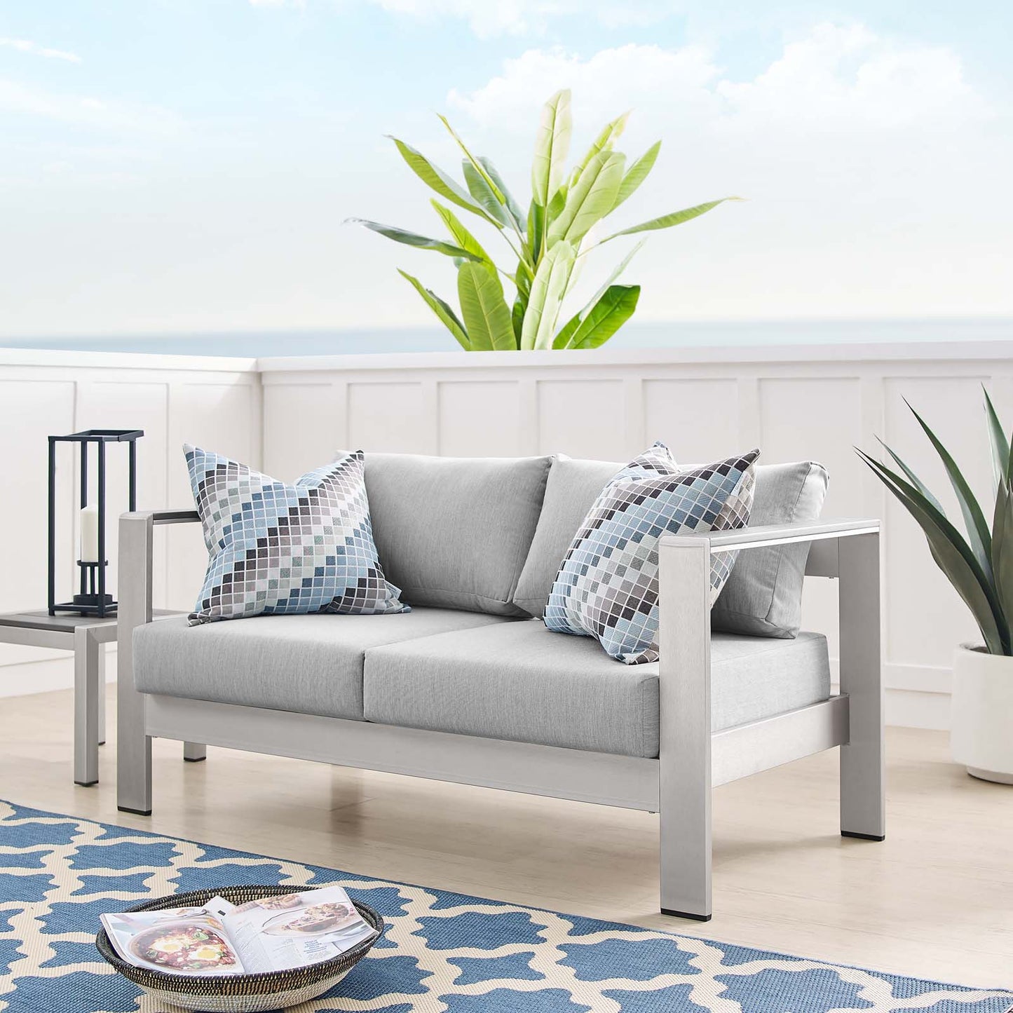 Shore Sunbrella® Fabric Aluminum Outdoor Patio Loveseat, Fabric, Aluminum, Metal, Steel, Silver Grey Gray, 19558