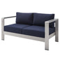 Shore Sunbrella® Fabric Aluminum Outdoor Patio Loveseat, Fabric, Aluminum, Metal, Steel, Silver Blue Navy, 19559