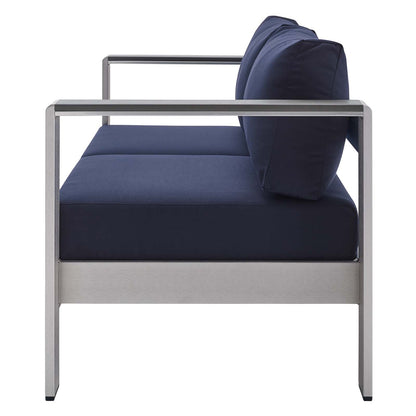 Shore Sunbrella® Fabric Aluminum Outdoor Patio Loveseat, Fabric, Aluminum, Metal, Steel, Silver Blue Navy, 19559