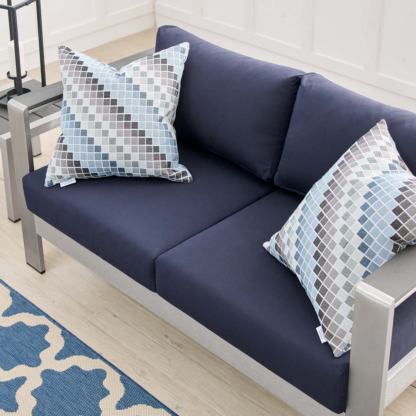 Shore Sunbrella® Fabric Aluminum Outdoor Patio Loveseat, Fabric, Aluminum, Metal, Steel, Silver Blue Navy, 19559