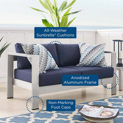 Shore Sunbrella® Fabric Aluminum Outdoor Patio Loveseat, Fabric, Aluminum, Metal, Steel, Silver Blue Navy, 19559