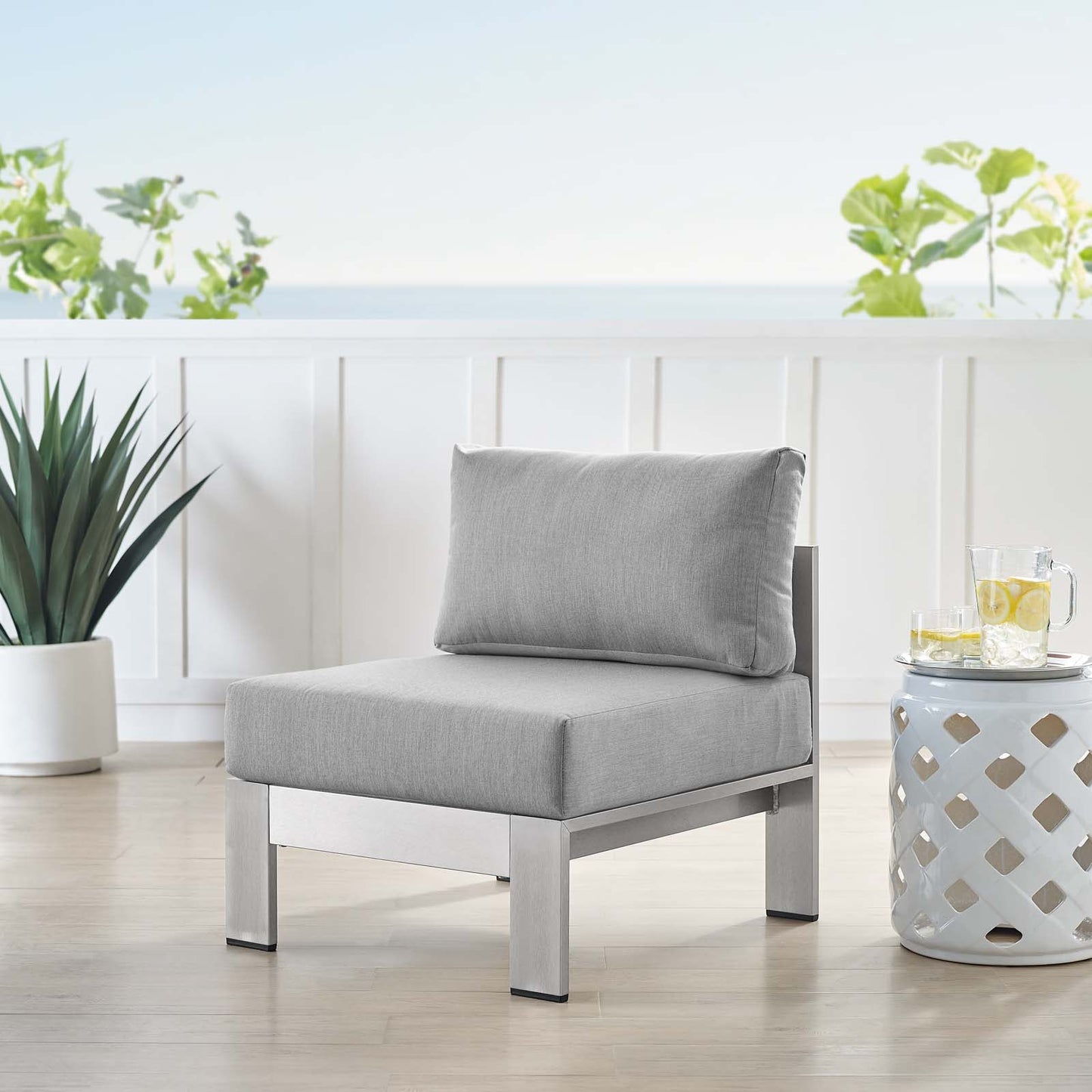 Shore Sunbrella® Fabric Aluminum Outdoor Patio Armless Chair, Fabric, Aluminum, Metal, Steel, Silver Grey Gray, 19560