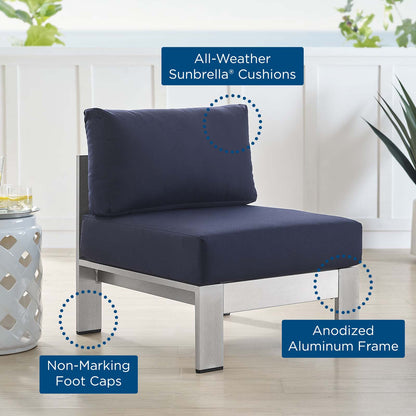 Shore Sunbrella® Fabric Aluminum Outdoor Patio Armless Chair, Fabric, Aluminum, Metal, Steel, Silver Blue Navy, 19561