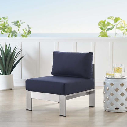 Shore Sunbrella® Fabric Aluminum Outdoor Patio Armless Chair, Fabric, Aluminum, Metal, Steel, Silver Blue Navy, 19561