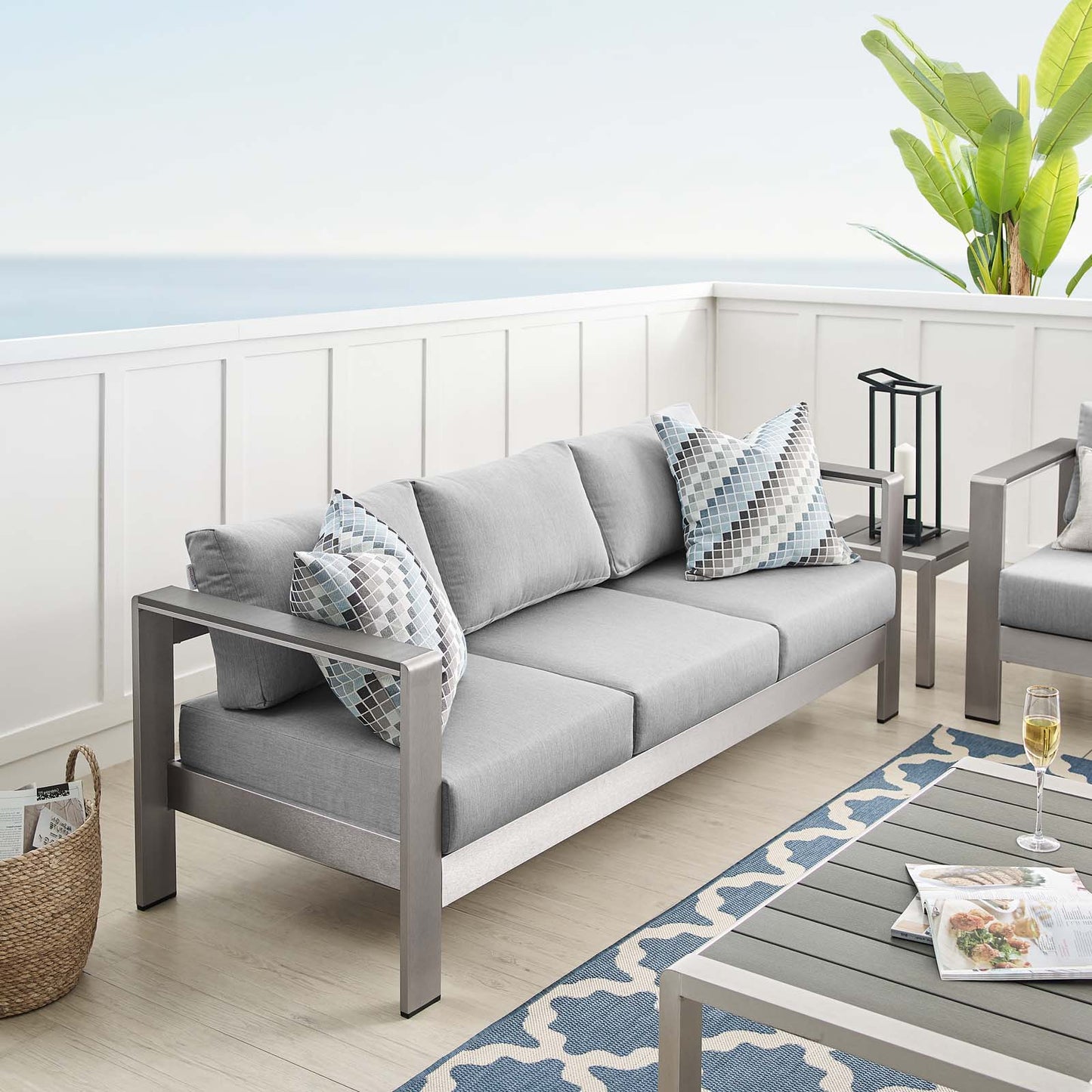 Shore Sunbrella® Fabric Aluminum Outdoor Patio Sofa, Fabric, Aluminum, Metal, Steel, Silver Grey Gray, 19562