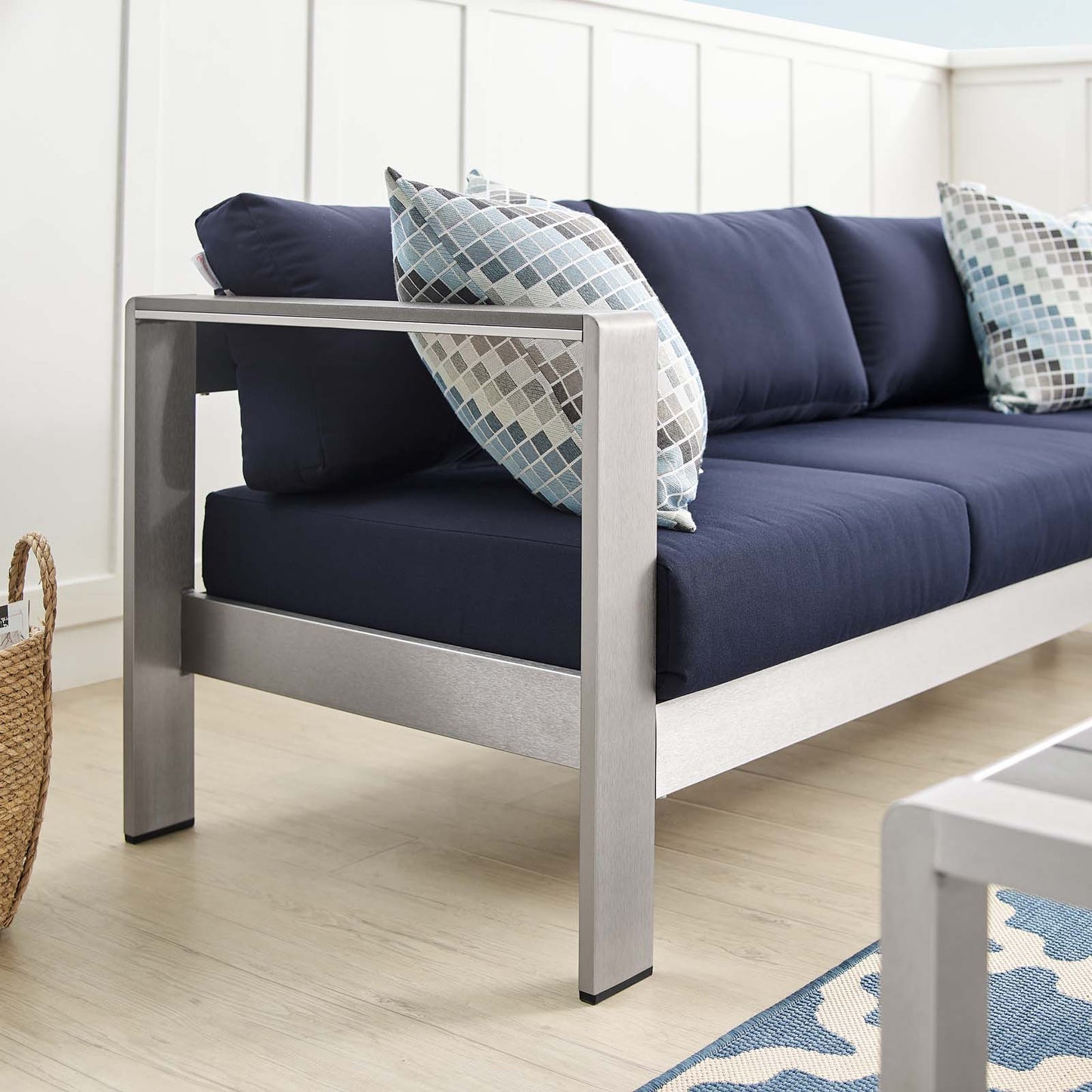 Shore Sunbrella® Fabric Aluminum Outdoor Patio Sofa, Fabric, Aluminum, Metal, Steel, Silver Blue Navy, 19563