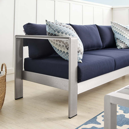 Shore Sunbrella® Fabric Aluminum Outdoor Patio Sofa, Fabric, Aluminum, Metal, Steel, Silver Blue Navy, 19563