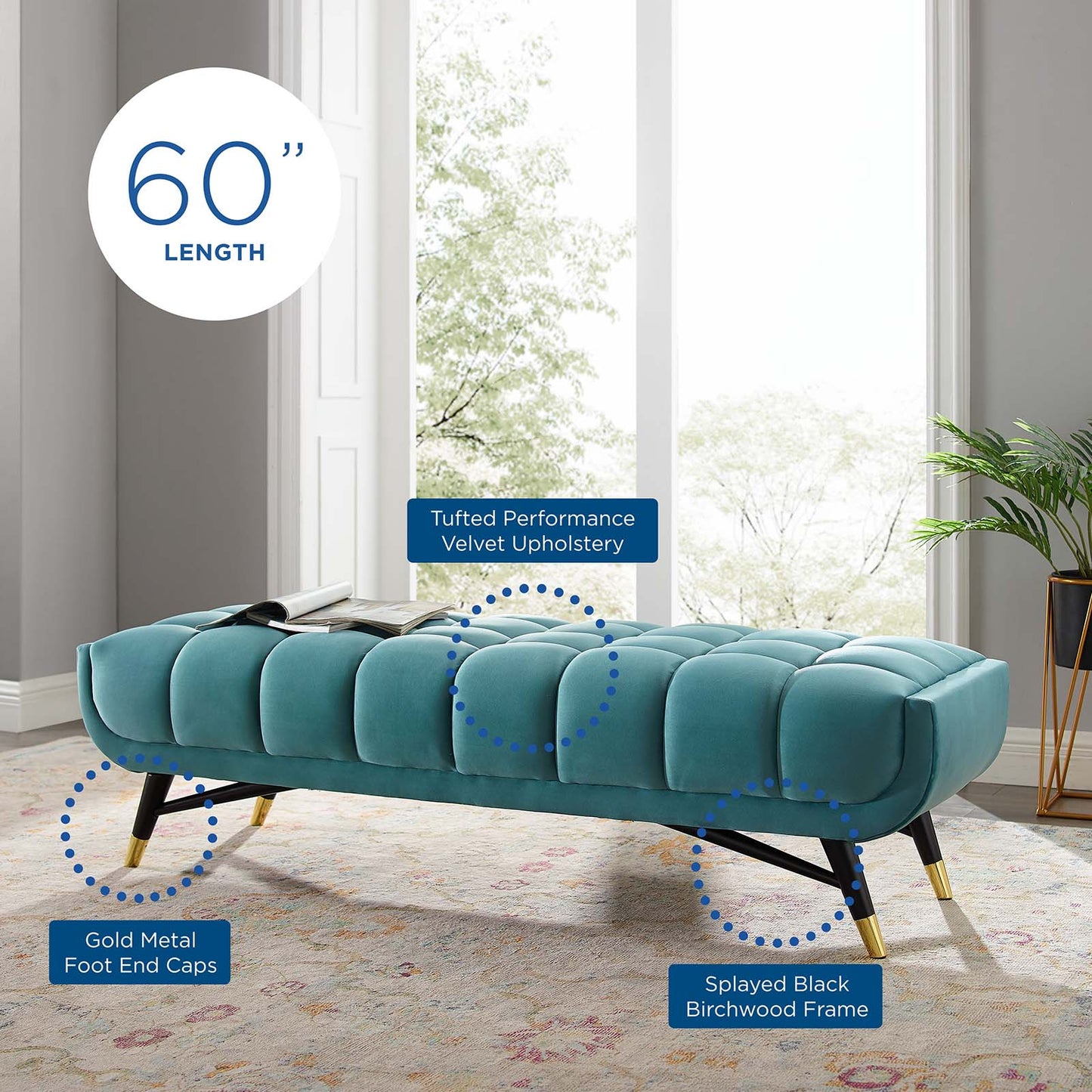 Adept 60" Performance Velvet Bench, Velvet, Blue, 19573