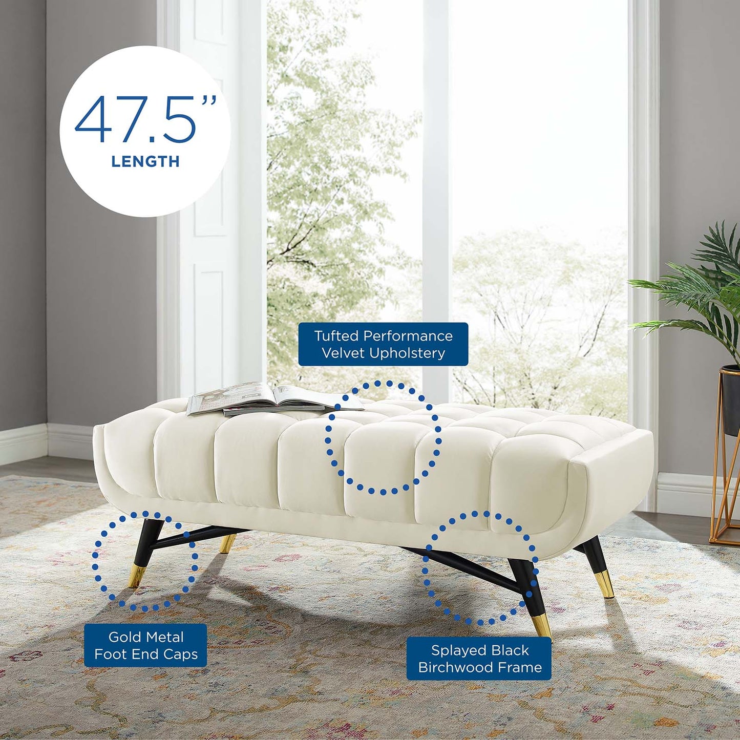 Adept 47.5" Performance Velvet Bench, Velvet, Ivory White, 19575