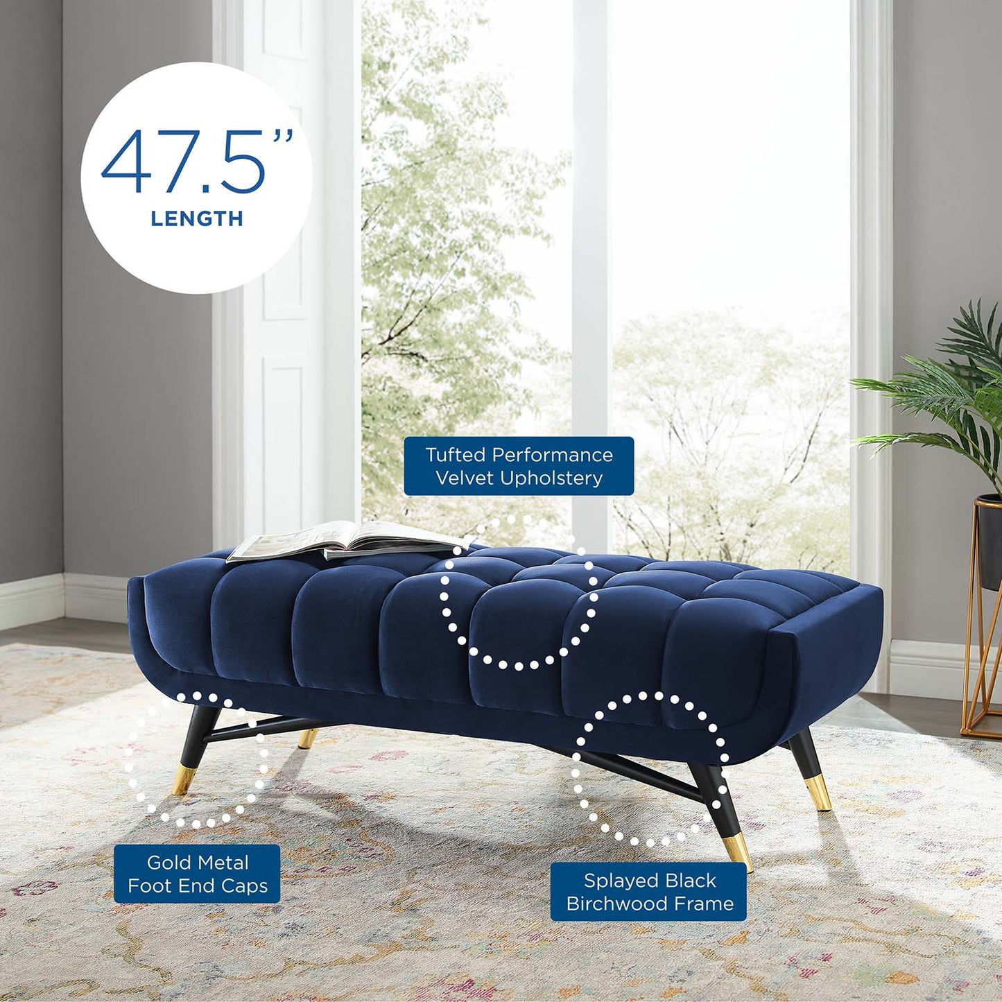 Adept 47.5" Performance Velvet Bench, Velvet, Dark Blue, 19576